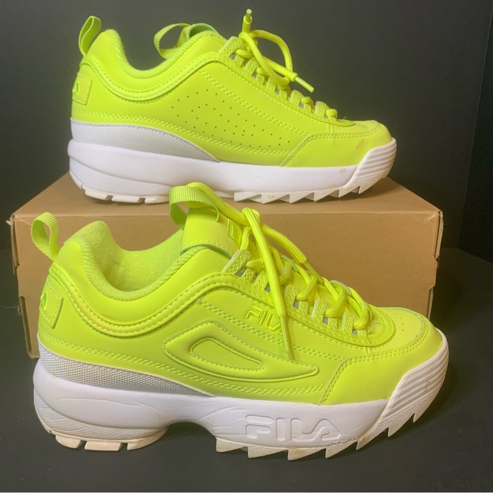 Fila Yellow Leather Chunky Sneakers Retro Style - w size 8 - neon yellow